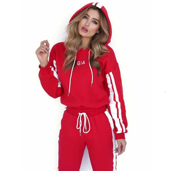 

women's two piece pants spring and summer women's casual print long sleeve + elastic high waist striped pants suit sports two piec, White