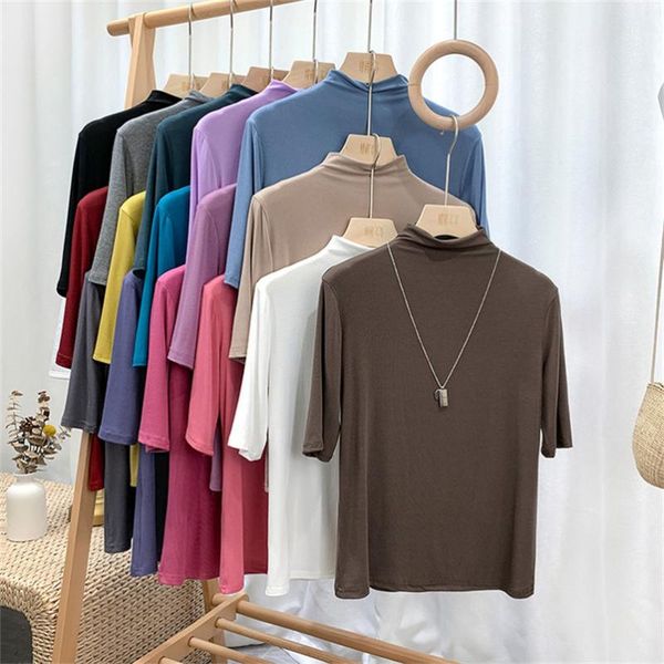 

plus size t-shirt casual turtleneck women cotton t-shirts summer autumn simple solid female half sleeve ladies l-8xl, Black