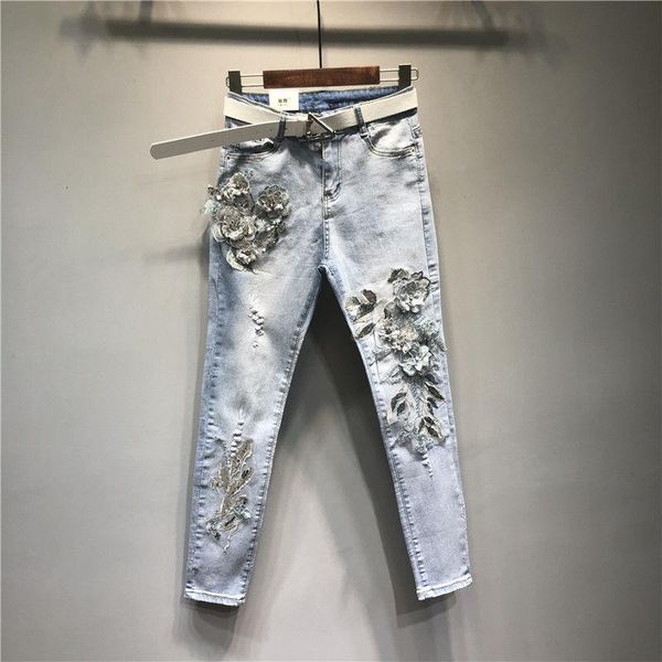

women's jeans 2021 spring autumn women denim trousers flower embroidery slim pencil jean ankle-length female cotton elastic pants, Blue