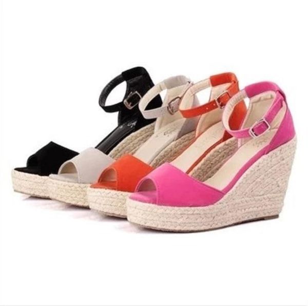 

sandals one word buckle roman straw woven thick-soled wedges ladies in summer solid color comfortable fish mouth shoes fashion., Black
