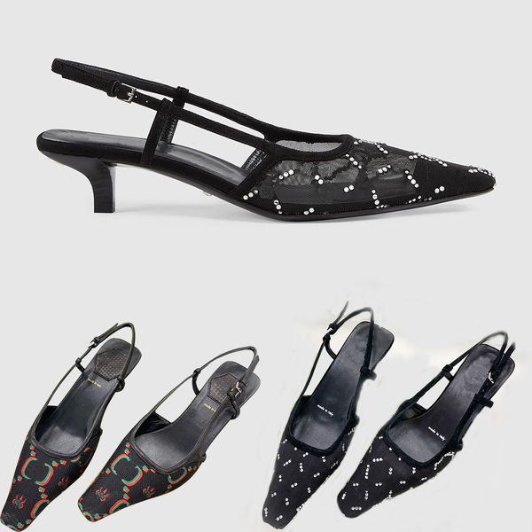 

2022 women's slingback sandals pump slingback shoes are presented in black mesh with crystals sparkling motif back buckle closure size