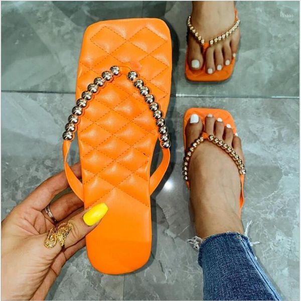 

slippers women's outer wear 2021 metal beaded 41-43 large size sandals and flat flip-flops1, Black