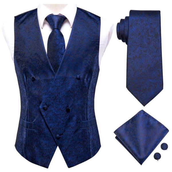 

men's vests hi-tie navy blue solid floral silk mens slim waistcoat necktie set for suit dress wedding 4pcs vest hanky cufflink, Black;white