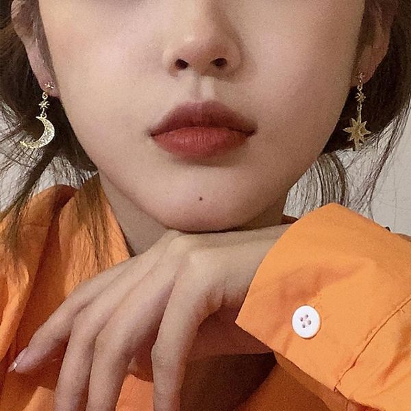 

hoop & huggie star and moon earrings female asymmetrical stud elegant high grade sense non-mainstream hexagram internet celebrity, Golden;silver