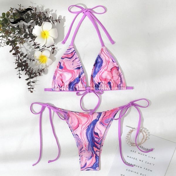 

women's swimwear 2021 tie dye ribbed swimsuit women triangle micro bikini set string halter high cut swimming suit bathing, White;black