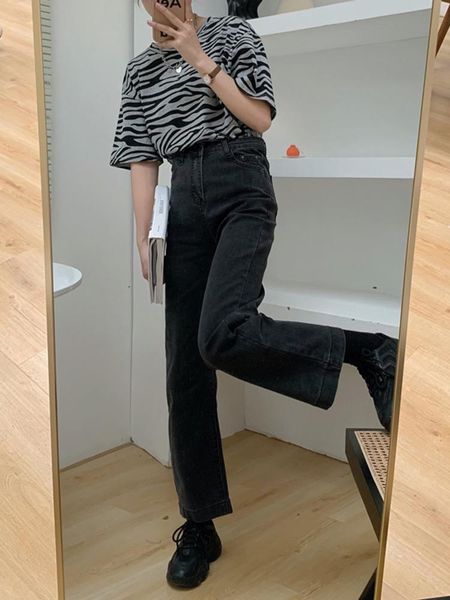 

women's jeans three teil homemade high waist loose show thin straight wide-legged pants early autumn small black, Blue