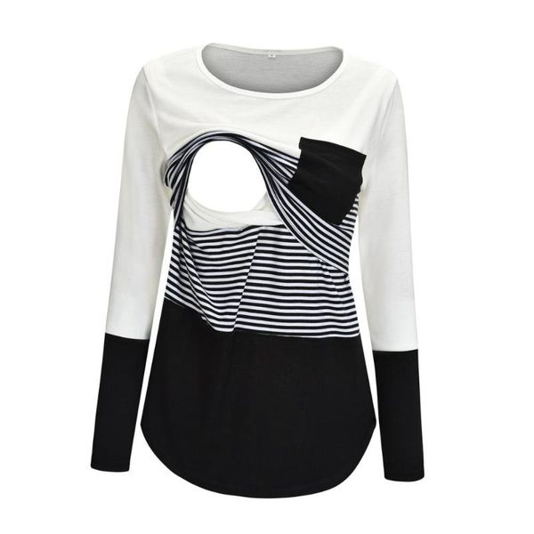 

women's t-shirt 2021 european and american style striped stitching long-sleeved breastfeeding top, White