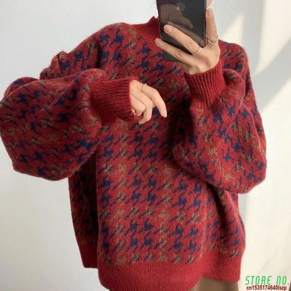 

women's sweaters 2021 winter streetwear houndstooth thick sweater loose knit woman autumn fashion warm plus size female pullover, White;black