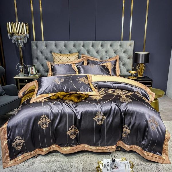 

vintage premium satin jacquard smooth silky soft cotton duvet cover set dark blue luxury bedding bed sheet pillowcase sets