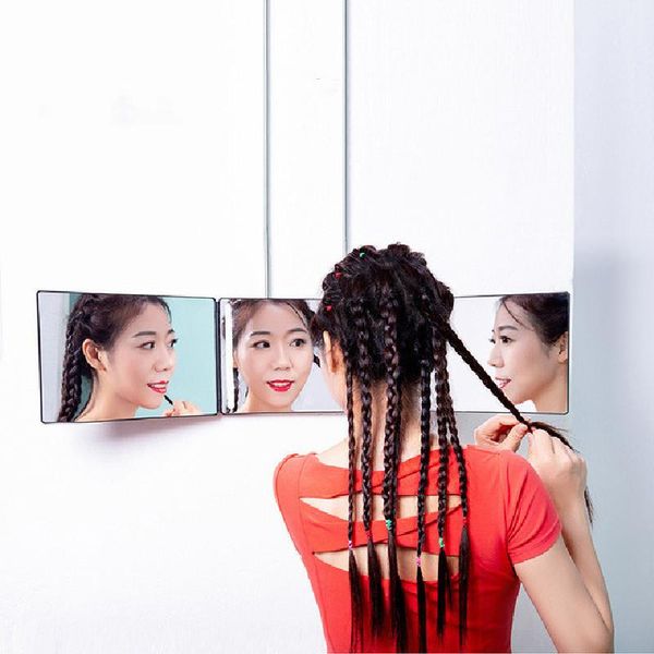 

compact mirrors retractable storage three-sided folding makeup hairdressing mirror with led light, three-fold hanging