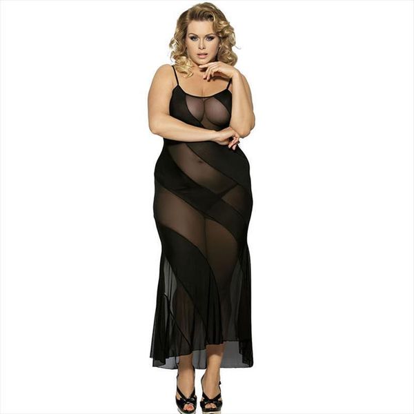 

lingerie see through semi womens dresses mesh babydoll black suspenders long plus size robe r7389, Black;gray
