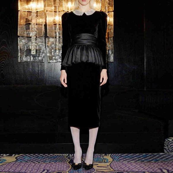 

autumn designer thin chic black velvet dress, Black;gray