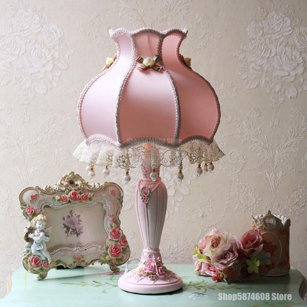 

table lamps korean lace fabric lamp modern pink resin bedroom bedside study room living home lighting decoration