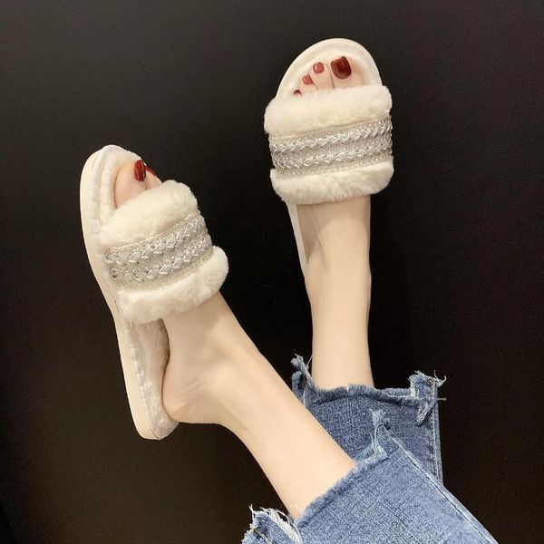 

home cotton slippers women 2021 fall winter comfortable warm anti-slip furry woman flat indoor slides shoes, Black