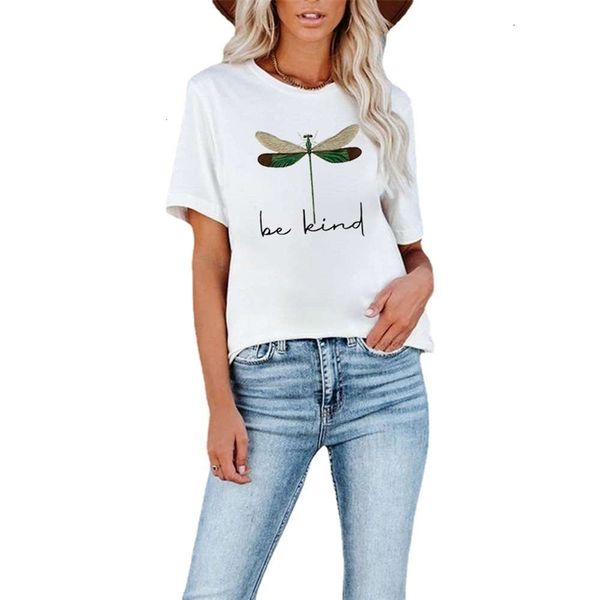 

women's t-shirt 2021 be kind dragonfly loose round neck short sleeve l2wb, White
