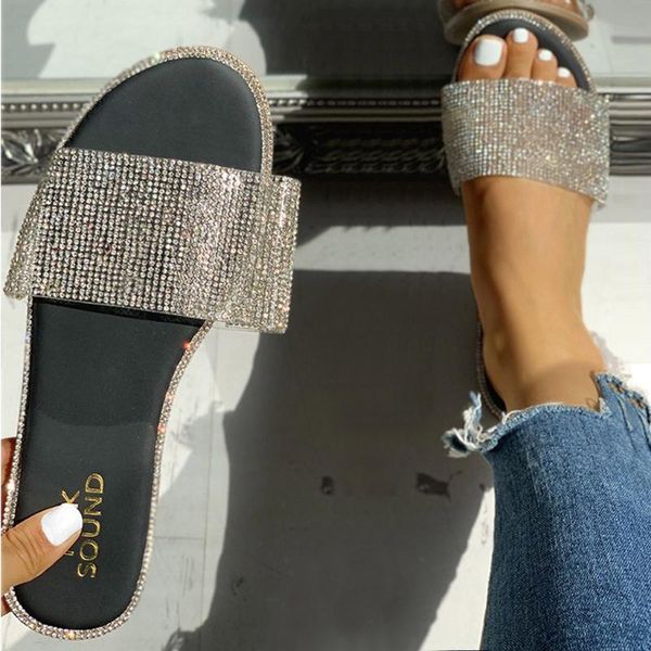 

women's sandals crystal roman flat slippers casual beach indoor&outdoor shoes heel non-slip female slides zapatos mujer, Black