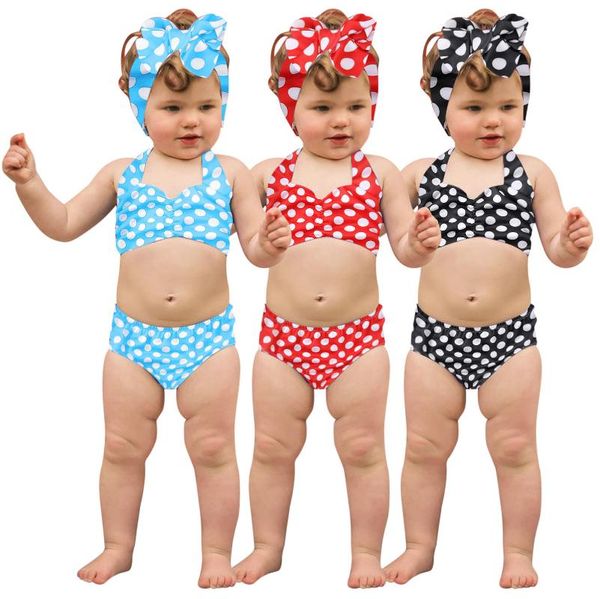 

kids girl swimwear dot bow two-piece swimsuit baby swim bikini clothes toddler bathing suit swimwear+hairband set 3 pcs one-pieces, Black