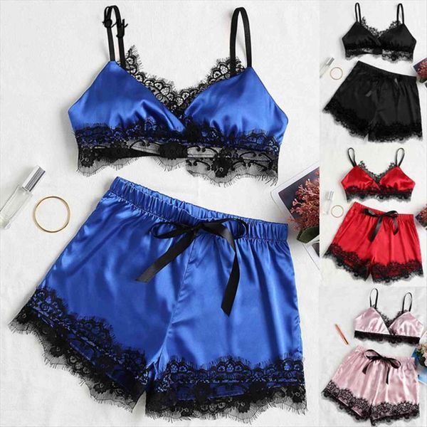 

pajamas silk set women sleepwear plus size two piece summer nightgowns and oversize home underwear, Black;red