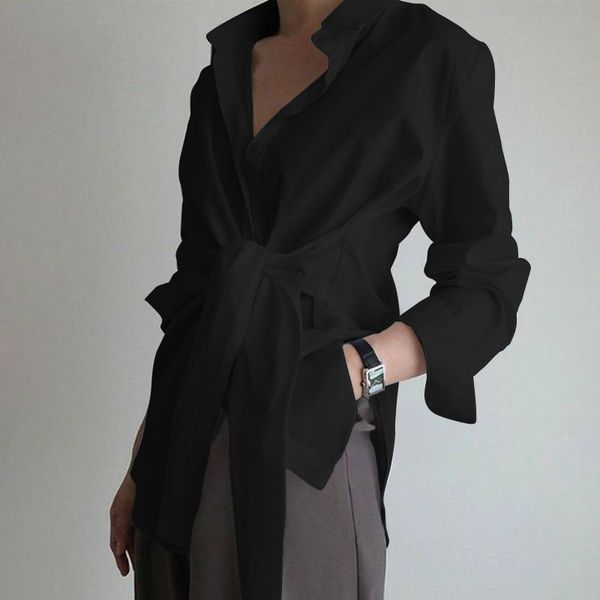 

ewq 2021 spring autumn new simple trend ladies solid color loose tie shirt korea plus size 3 color casual blouse qv1084, White