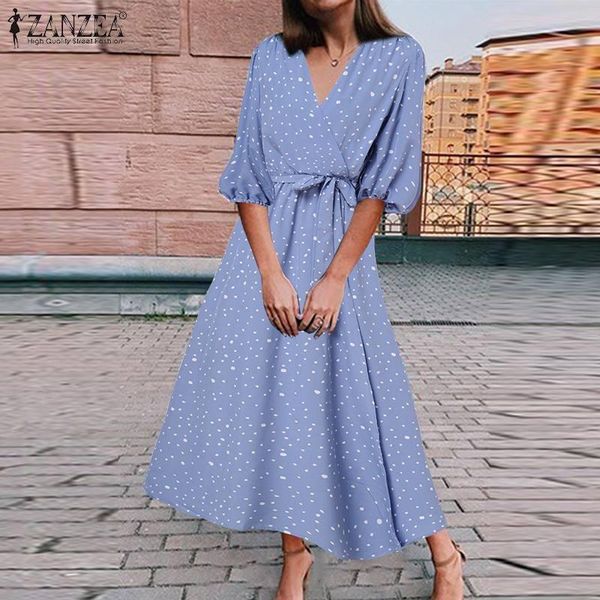 

party dresses bohemian printed women's maxi dress 2022 summer polka dots puff sleeve casual belted elastic waist oversized robe, White;black