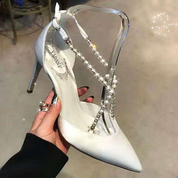 

dress shoes rlinf womens 2021 pointed rhinestone high heel red single satin wedding pearl po, Black