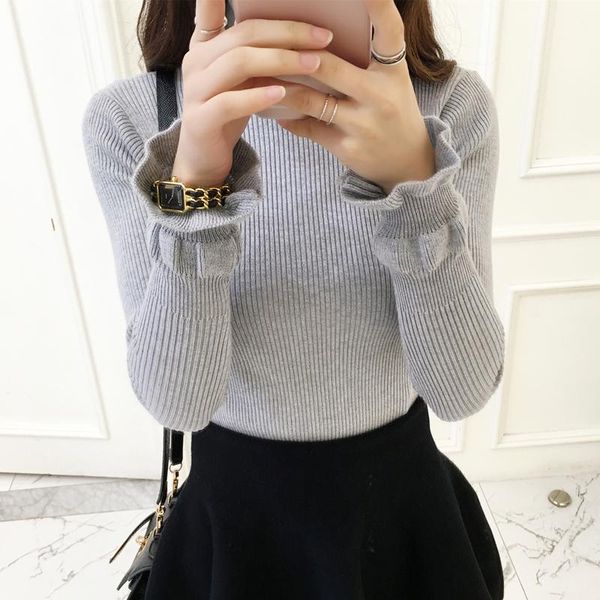 

women's sweaters 2021 autumn winter women knitwear solid slim pullovers and ruffled long sleeve turtleneck chompas para mujer, White;black