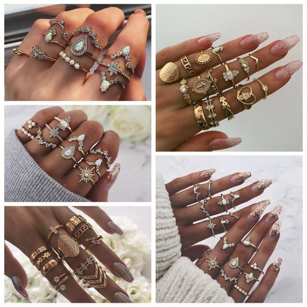 

cluster rings 1 set women fashion hearts fatima hands virgin mary cross leaf hollow geometric crystal ring wedding jewelry, Golden;silver