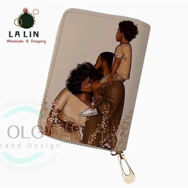 

card holders african american family print women pu travel leather passport id case bag ladies black girls holder zipper, Brown;gray