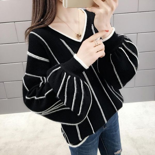 

long lantern sleeve knitted sweater women v neck contrast color loose pullover autumn winter warm sweaters, White;black