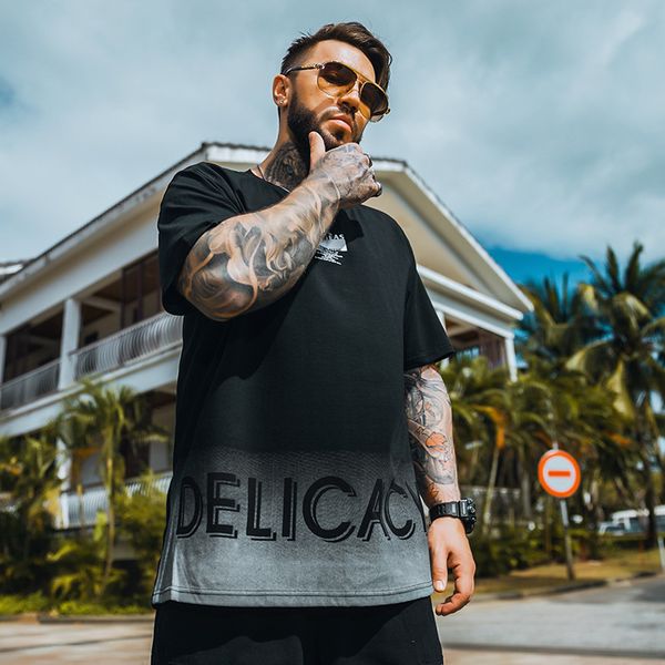 

tee 2021 gradient letter impression large size t male lets man fat crew neck shirt cotton, White;black
