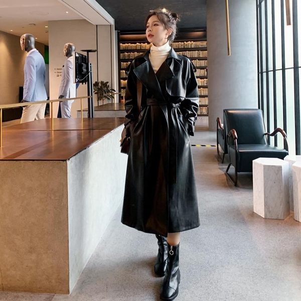 

Women's Trench Coats Fashion Long PU Leather Coat With Belt Lady Windbreaker Waterpoof Female Outerwear Spring Autumn Black, Tan;black