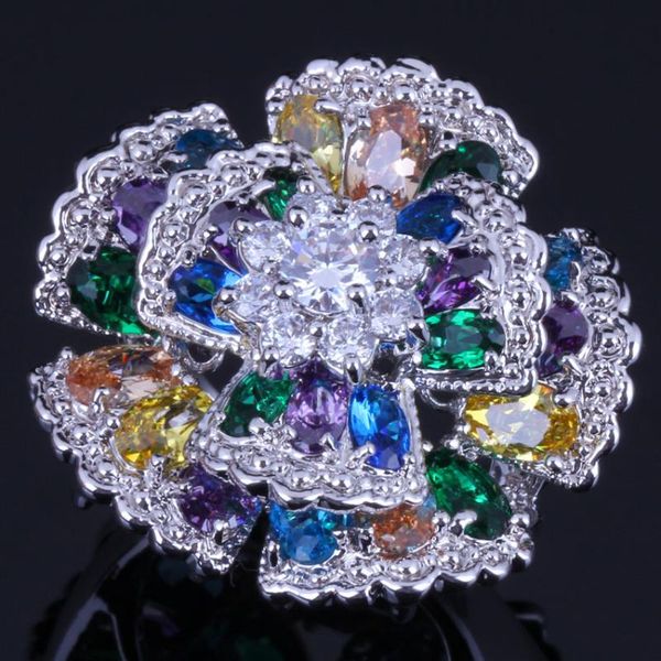 

astonishing huge flower multigem multicolor brown cubic zirconia silver plated ring v0532 cluster rings, Golden;silver