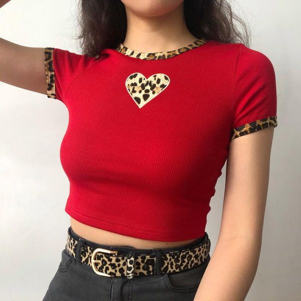 

women's t-shirt women leopard patchwork crop summer fashion elastic tee slim soft female short sleeve t shirts, White