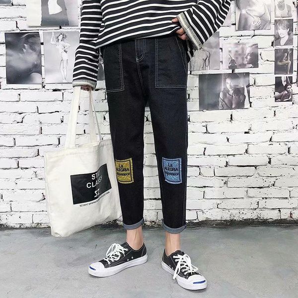 

men's pants mens streetwear splicing overalls joogers pockets solid hiphop trousers sweatpant male, Black