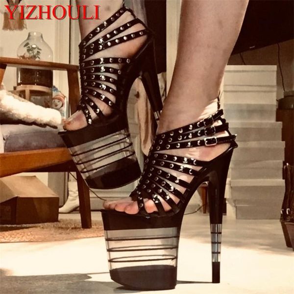 

8-inch, rivet vamp trim, high-heeled steel tube dance shoes, ladies' 20cm roman striped platform sandals, Black