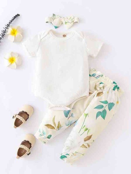 Bambino a coste a costine Body Stampa floreale stampa paperbag Pantaloni vita fascia