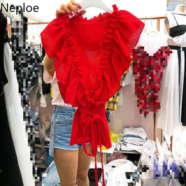 

women's blouses & shirts neploe blouse women korean solid o neck butterfly sleeve female blusa summer 2021 fashion casual lace up slim, White