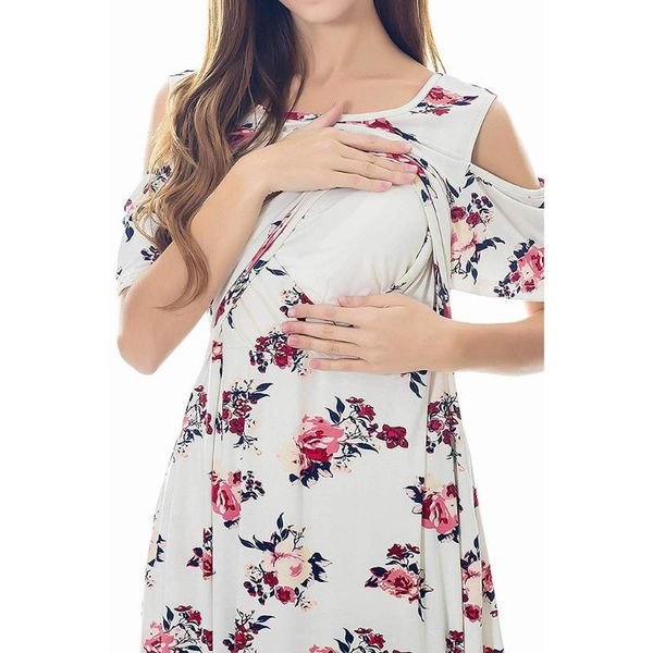 

women's maternity breastfeeding dresses floral print short sleeve patchwork skirts dress for pregnant women clothing, White