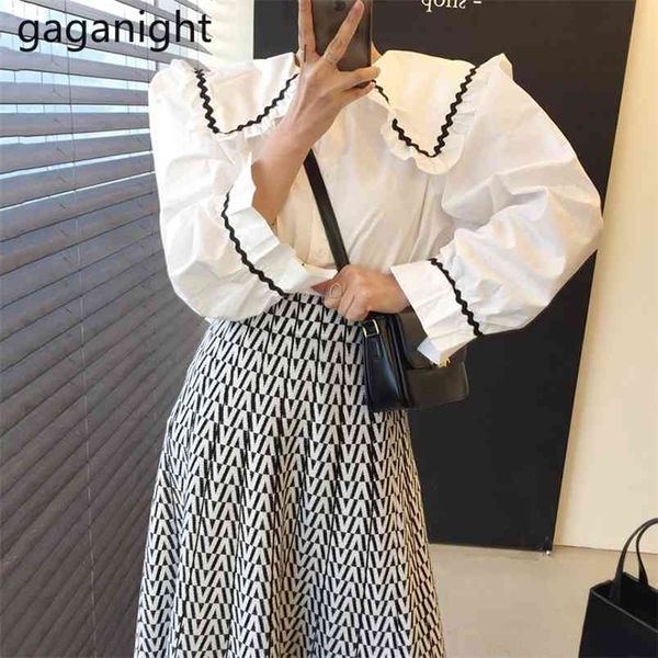 

elegant women 2 piece set sailor collar white ruffles blouse shirts+geometric ruched midi skirts suits ladies outfits 210601