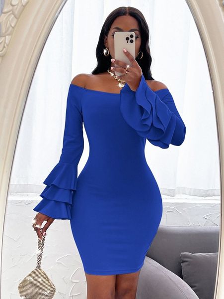 

sxy off shoulder layered sleeve bodycon dress p6pc#, Black;gray