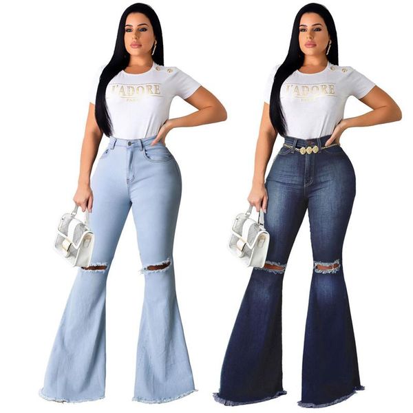 

women's jeans plus size skinny high waist bell for women vintage knee hole ripped long flare denim pants sizes-3xl, Blue