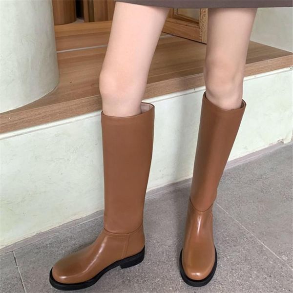 

boots 2021 flat women knight platform round toe female british wind mid calf solod color mujer lightweight footwear, Black