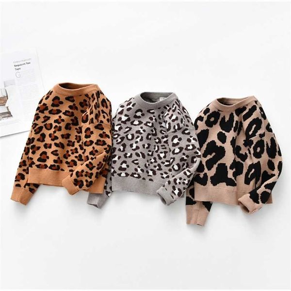 Emmababy crianças bebê meninos suéteres leopardo tricotadas pulôver casual manga longa crianças tops toddler menino menina roupas 211201