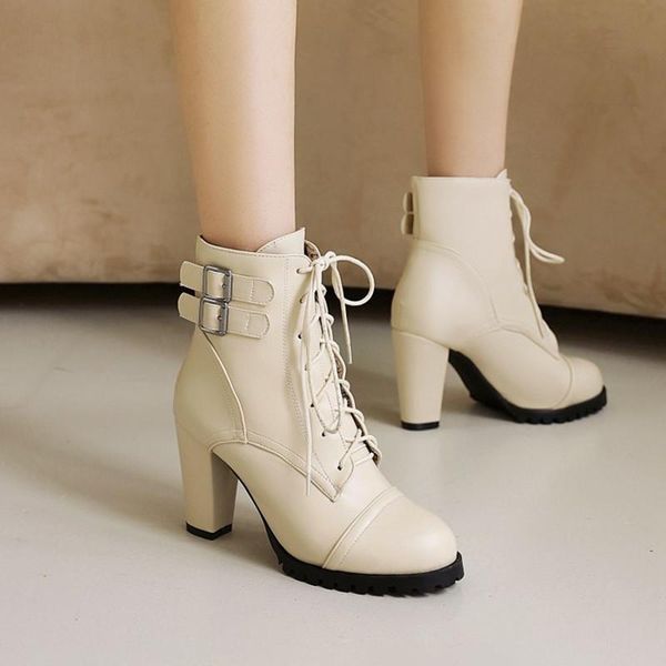 

boots ochanmeb fashion double metal buckle charm women winter black beige white bottes pink red high spike heels short boot shoe
