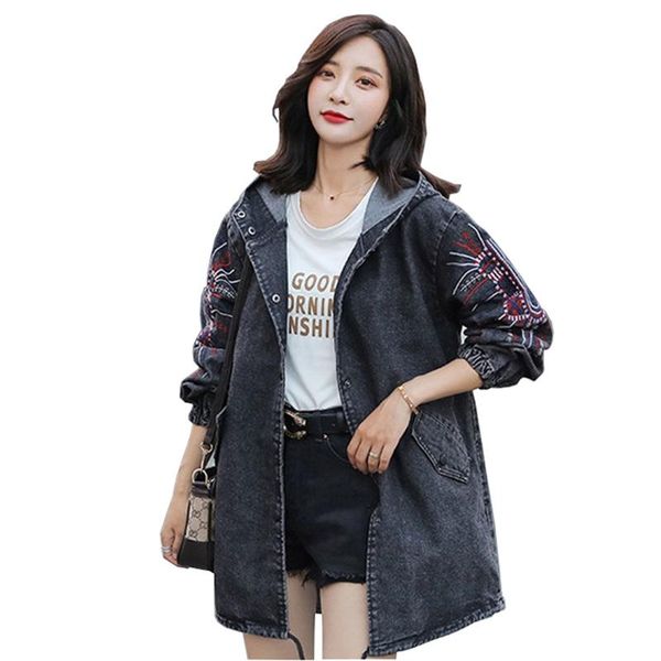 

women's trench coats hooded denim coat women spring autumn clothing fashion embroidery casual female plus size -5xl jeans outerwear g6, Tan;black