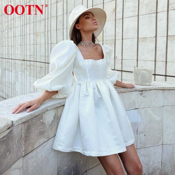 

casual dresses ootn ball gown satin white square neck party puff sleeve three quarter elegant for women loose zipper mini dress, Black;gray