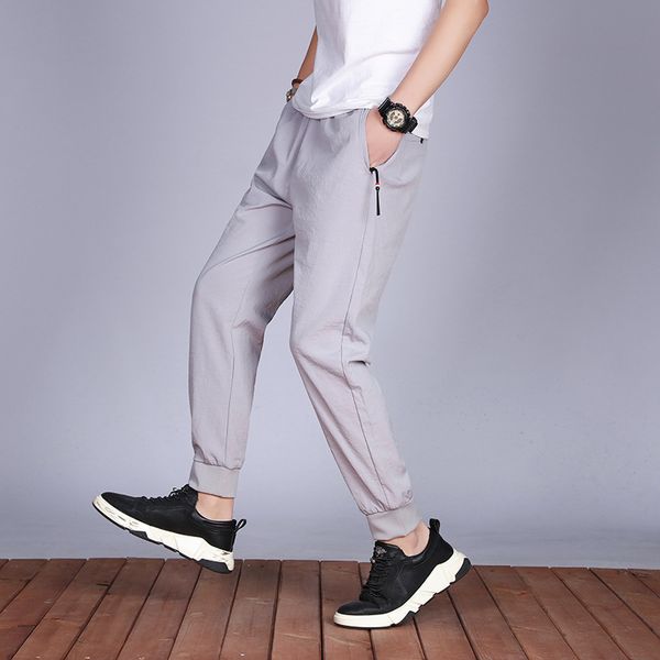

men four seasons casual pants thin ice silk quick drying linen cotton air conditioning pants sports fasion all ages pants men, Black