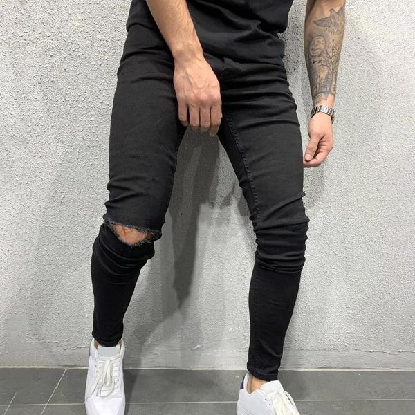 

men's jeans men striped zipper denim hole vintage wash hip hop work trousers solid pants full length sports spring and summer, Blue