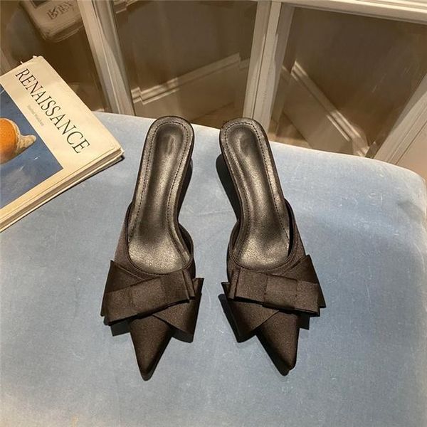 

pointed toe women shoes fashion kitten heel elegant comfortable mules ladies slippers solid color bowknot sweet stiletto, Black