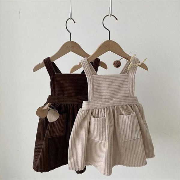 

spring baby girls corduroy suspenders girl dresses solid color sleeveless party toddler kids straps princess, Red;yellow